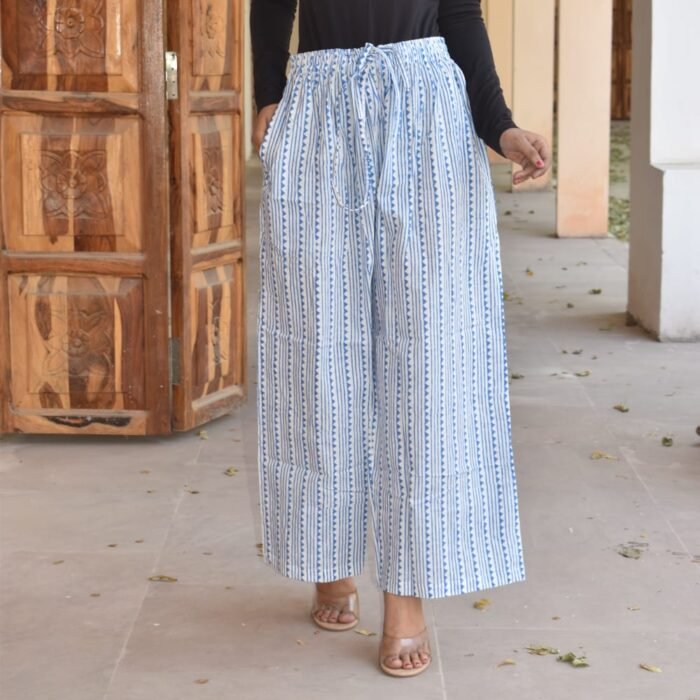 Bagru Hand Block Printed Cotton Palazzo Pants – White & Skyblue by KrazyThread