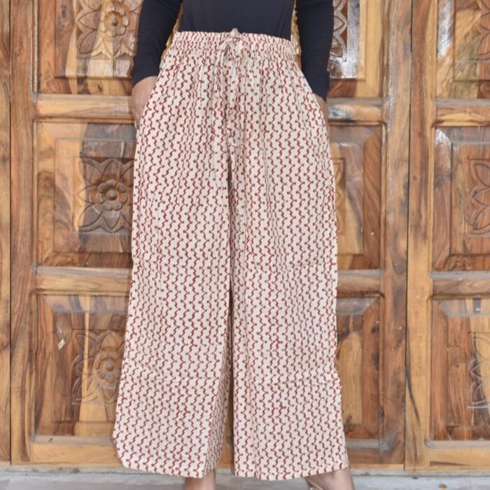 Bagru Hand Block Printed Cotton Palazzo Pants –White & Brown by KrazyThread
