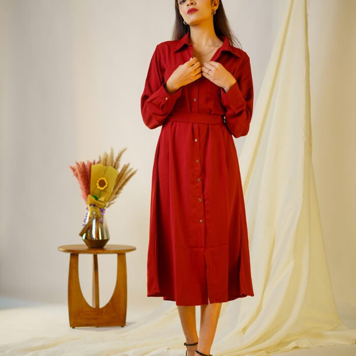 Burgundy Belle Cuffed-Sleeves Midi Dress by KrazyThread