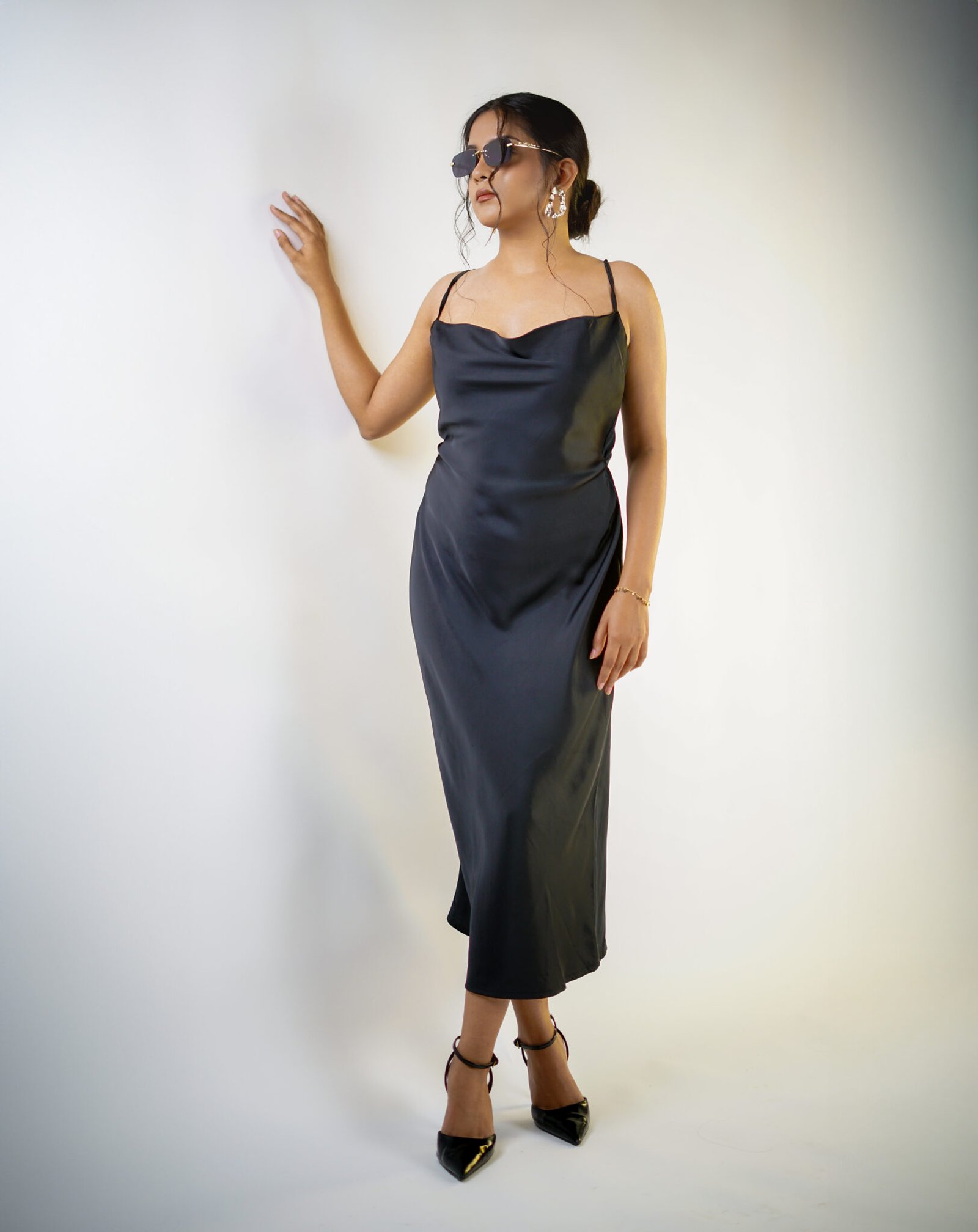 Midnight Satin Cowl‑Neck Midi Dress – Black by KrazyThread