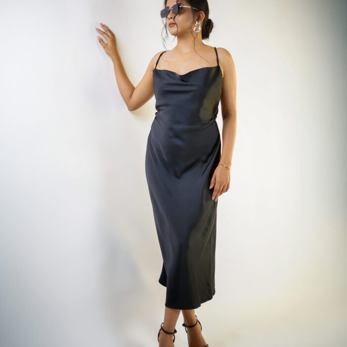 Midnight Satin Cowl‑Neck Midi Dress – Black by KrazyThread
