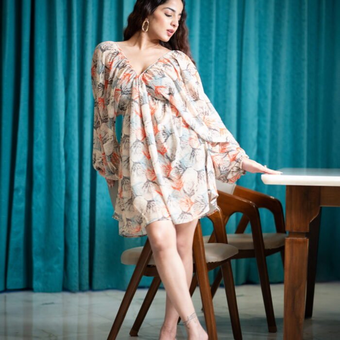 Puffy Charm Leaf‑Print Dress – Cream by KrazyThread