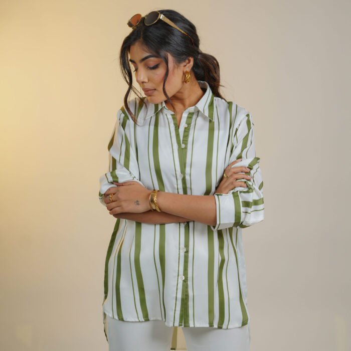 Olive Whisper Satin Stripe Shirt by KrazyThread