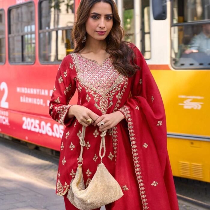 Sayuri Designer "MUMTAZ" - Heavy Embroidered Simar Silk Palazzo Suit with Hand Mirror Work