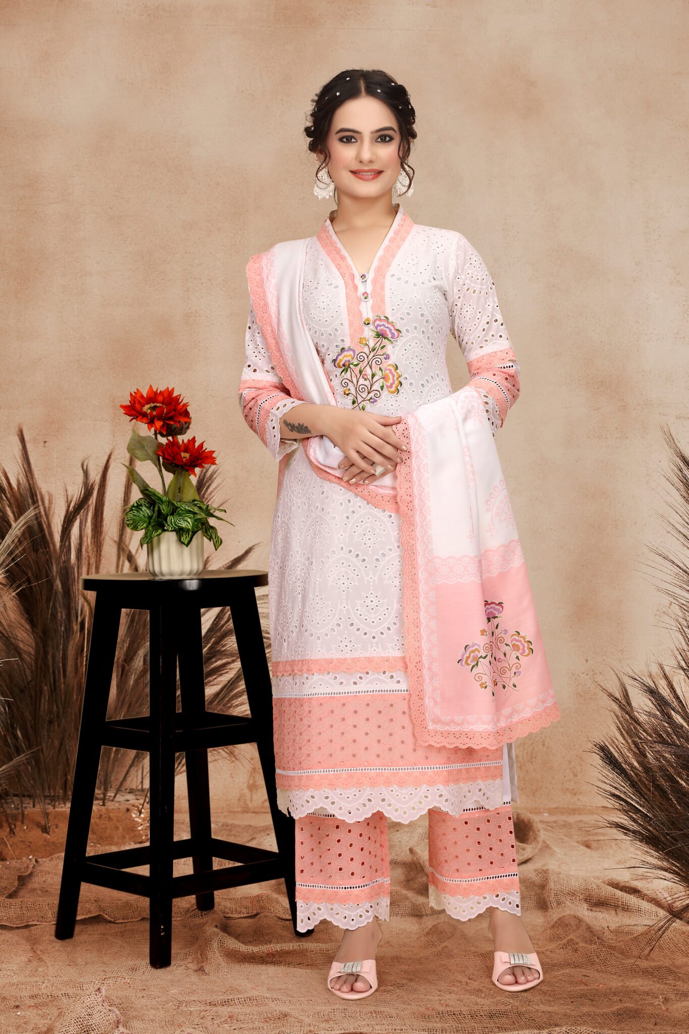 Peach White Exquisite Cotton Cambric & Maslin Digital Print Kurti Set