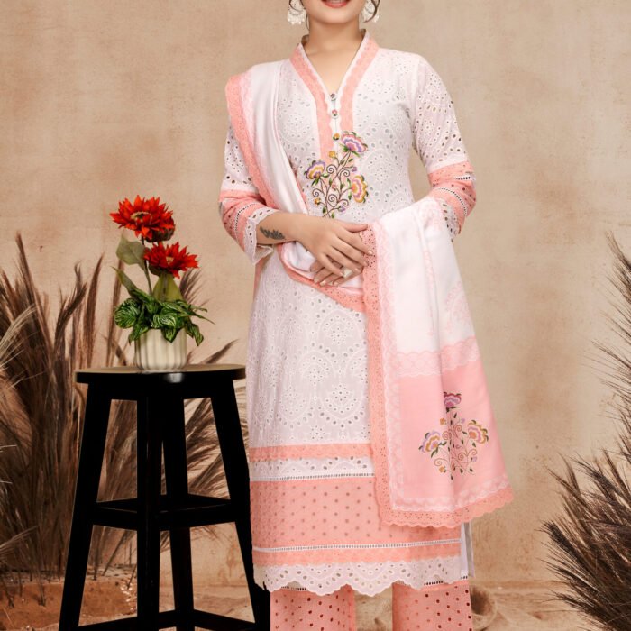 Peach White Exquisite Cotton Cambric & Maslin Digital Print Kurti Set