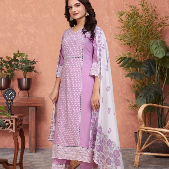 Pink Eva Elegant Viscose Rayon Kurti Set with Shiffli Lace and Digital Print Dupatta (Copy)