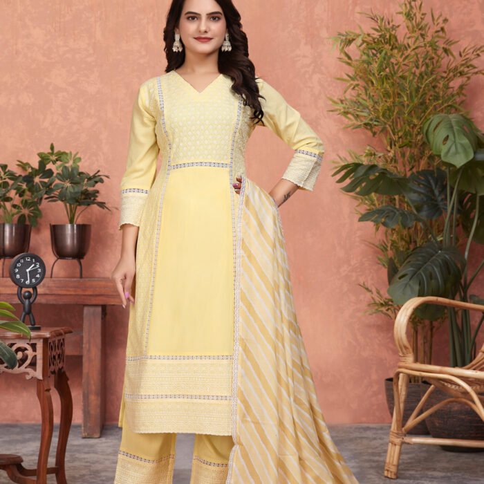 Yellow Eva Elegant Viscose Rayon Kurti Set with Shiffli Lace and Digital Print Dupatta