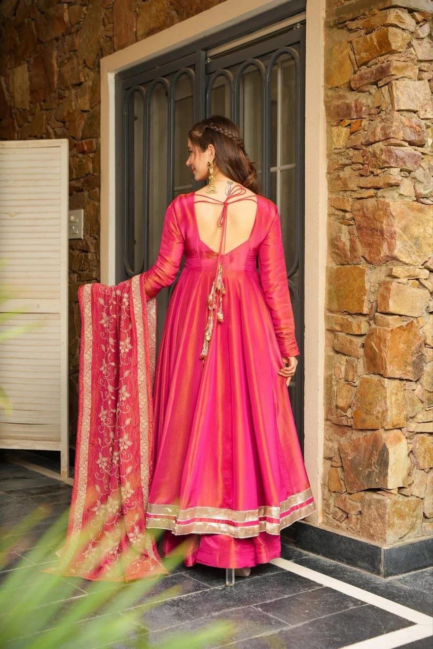 Pink Premium Vichitra Blooming Designer Gown with Dupatta – Zari & Sequins Embroidery - Image 4