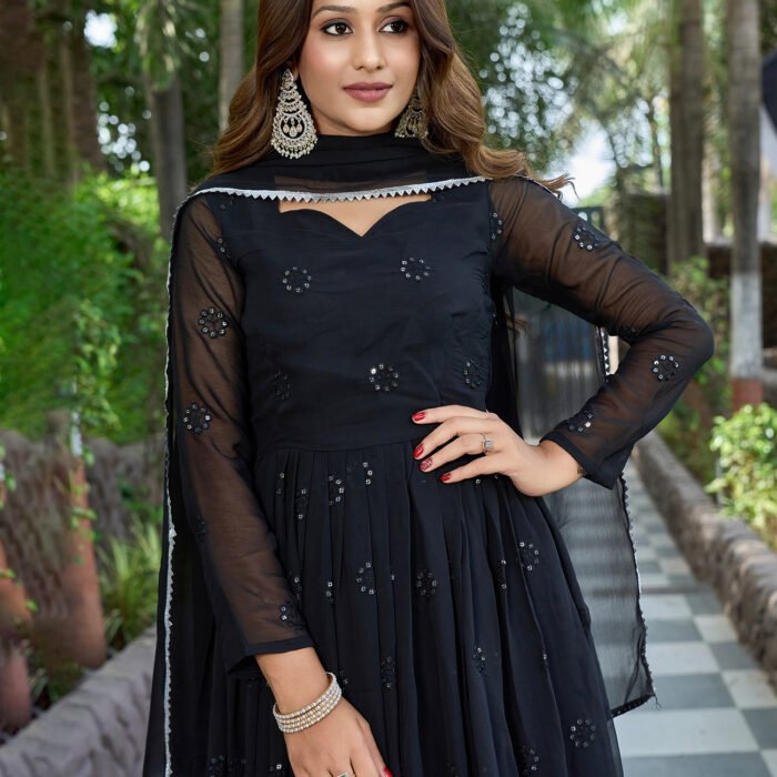 "Aaina" - Exquisite Black Embroidered Georgette Anarkali Gown