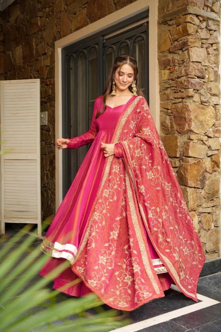Pink Premium Vichitra Blooming Designer Gown with Dupatta – Zari & Sequins Embroidery