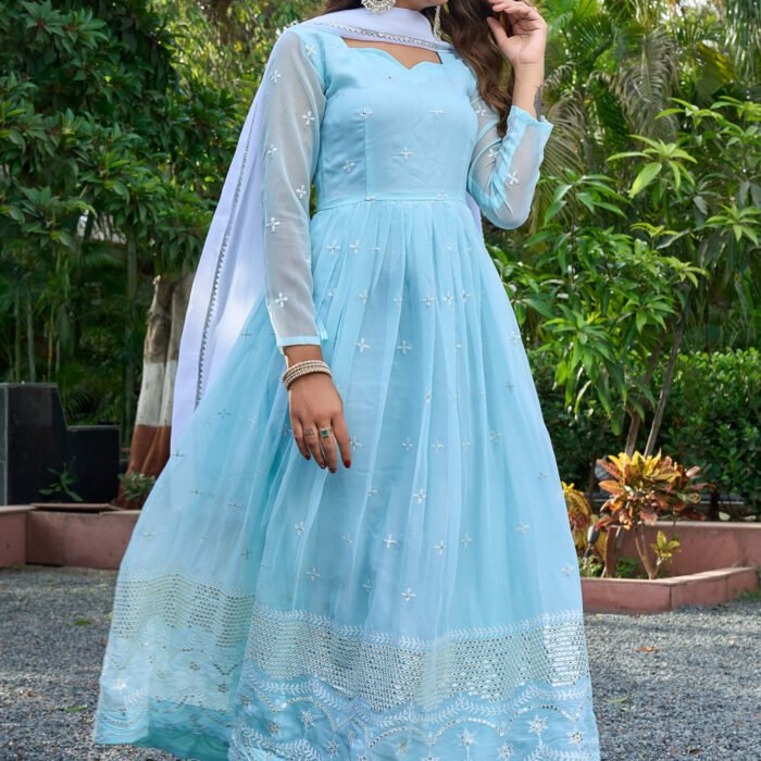 "Eagle" - Serene Sky Blue Embroidered Georgette Anarkali Gown
