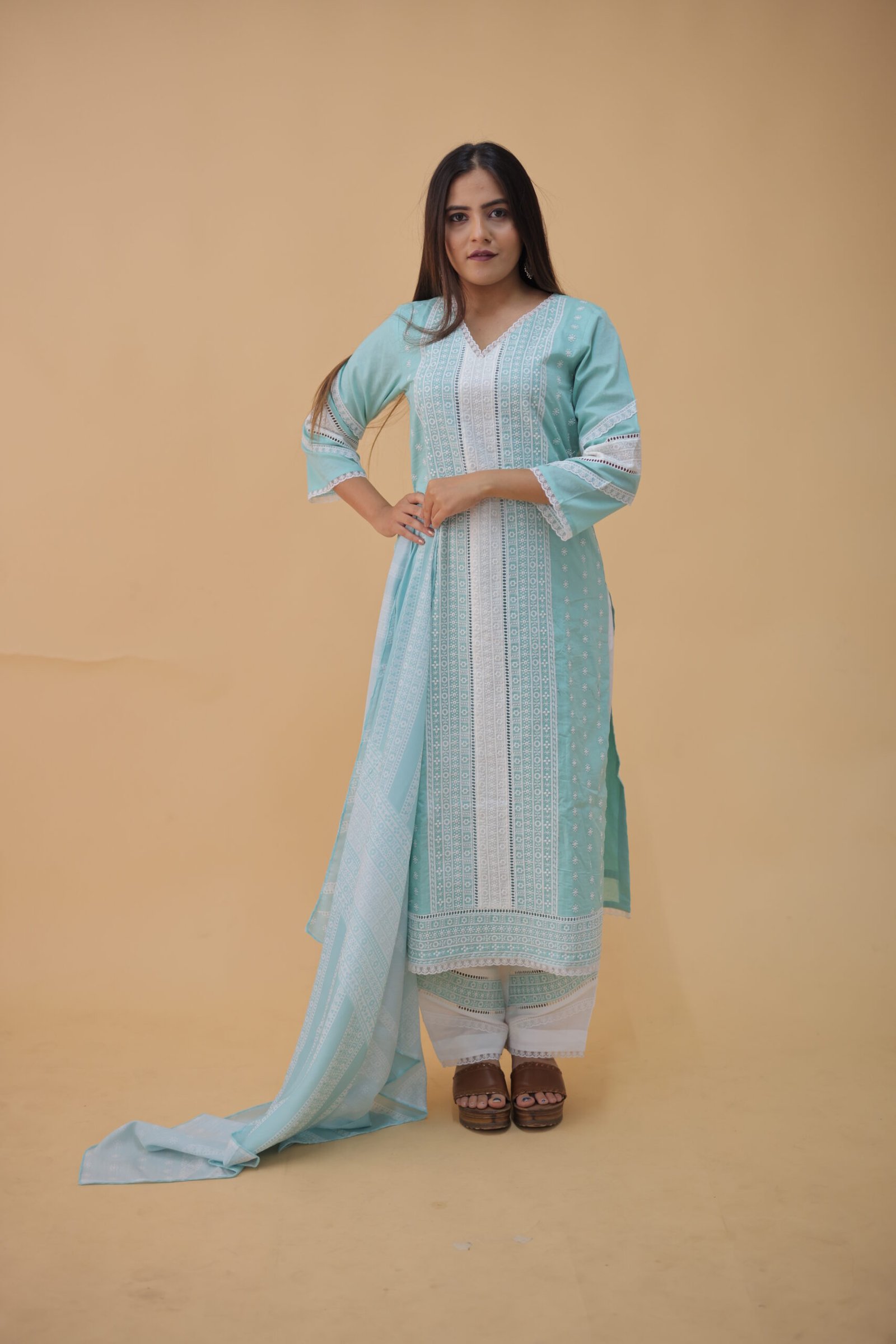 Blue & White Exquisite Cotton Cambric & Maslin Digital Print Kurti Set - Image 5