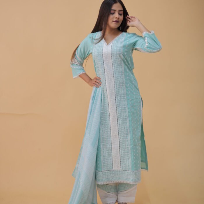 Blue & White Exquisite Cotton Cambric & Maslin Digital Print Kurti Set