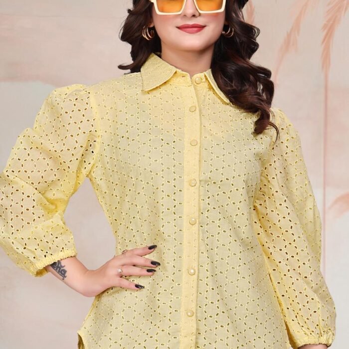 Yellow Exquisite Poly Cotton Cambric Tunic with Shiffli Embroidery