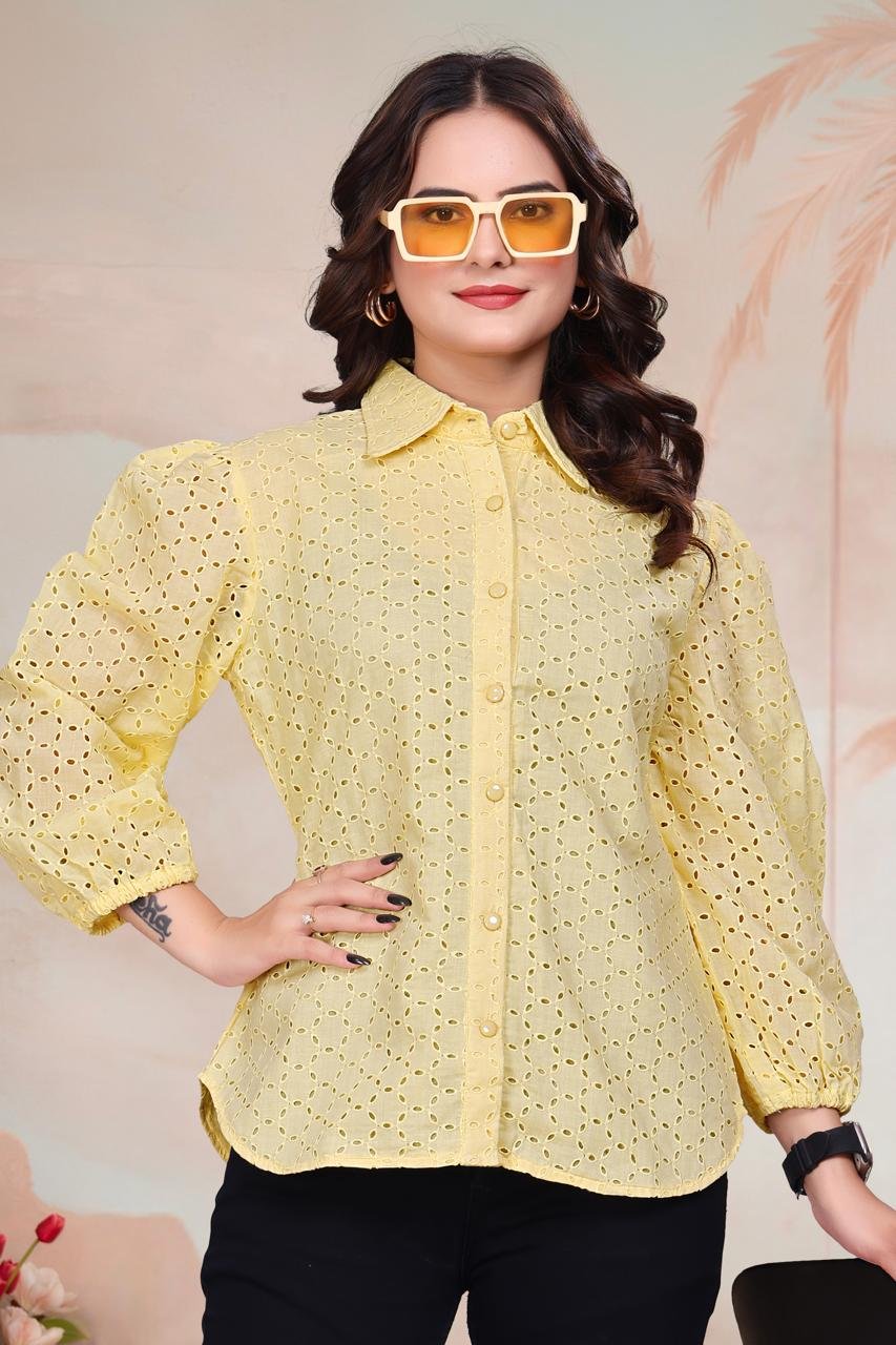 Yellow Exquisite Poly Cotton Cambric Tunic with Shiffli Embroidery