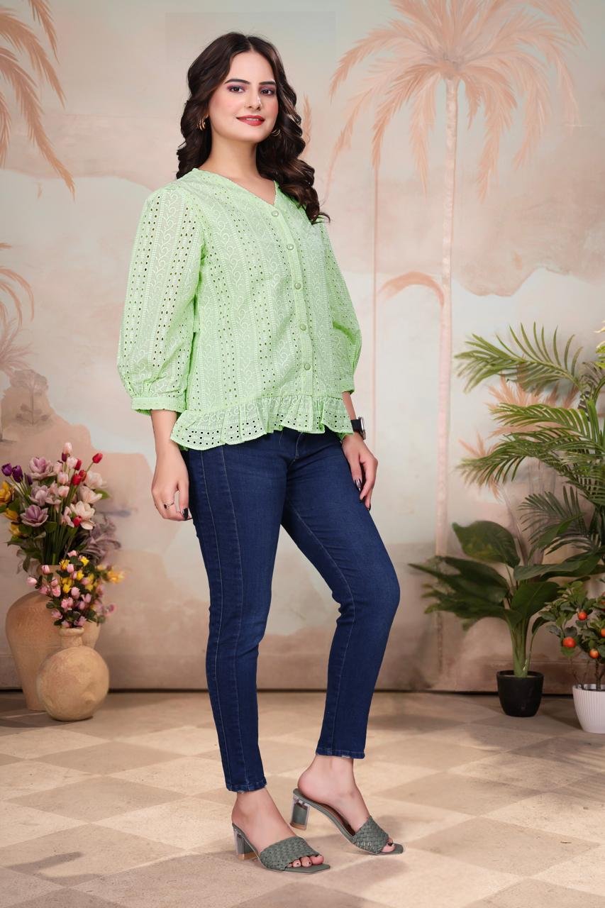 Light Green Exquisite Poly Cotton Cambric Tunic with Shiffli Embroidery - Image 4