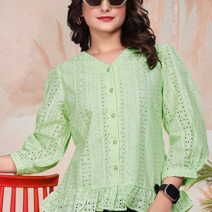 Light Green Exquisite Poly Cotton Cambric Tunic with Shiffli Embroidery