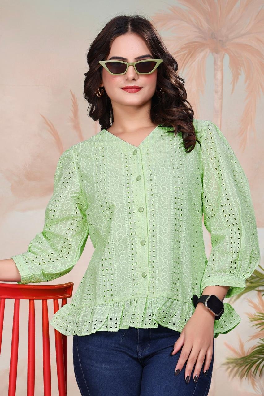 Light Green Exquisite Poly Cotton Cambric Tunic with Shiffli Embroidery