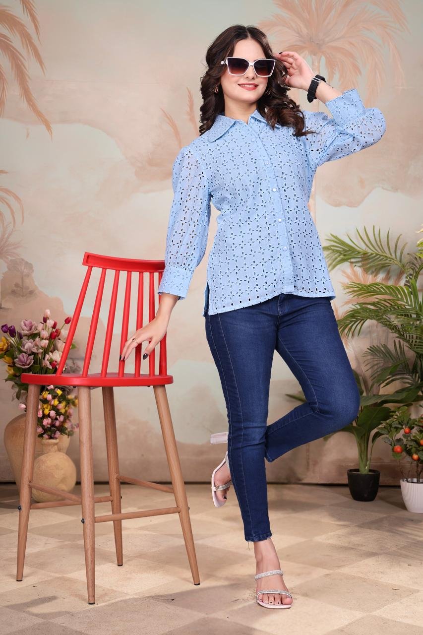 Light Blue Exquisite Poly Cotton Cambric Tunic with Shiffli Embroidery (Copy) - Image 3