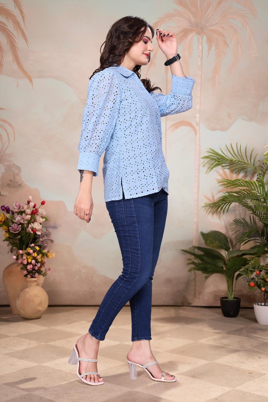 Light Blue Exquisite Poly Cotton Cambric Tunic with Shiffli Embroidery (Copy) - Image 5