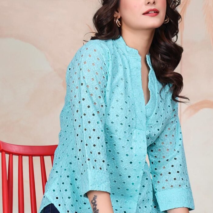 Sky Blue Exquisite Poly Cotton Cambric Tunic with Shiffli Embroidery