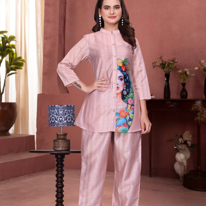 Pink Pearl Blue Premium Digital Printed Co-ord Set By Krazy Thread