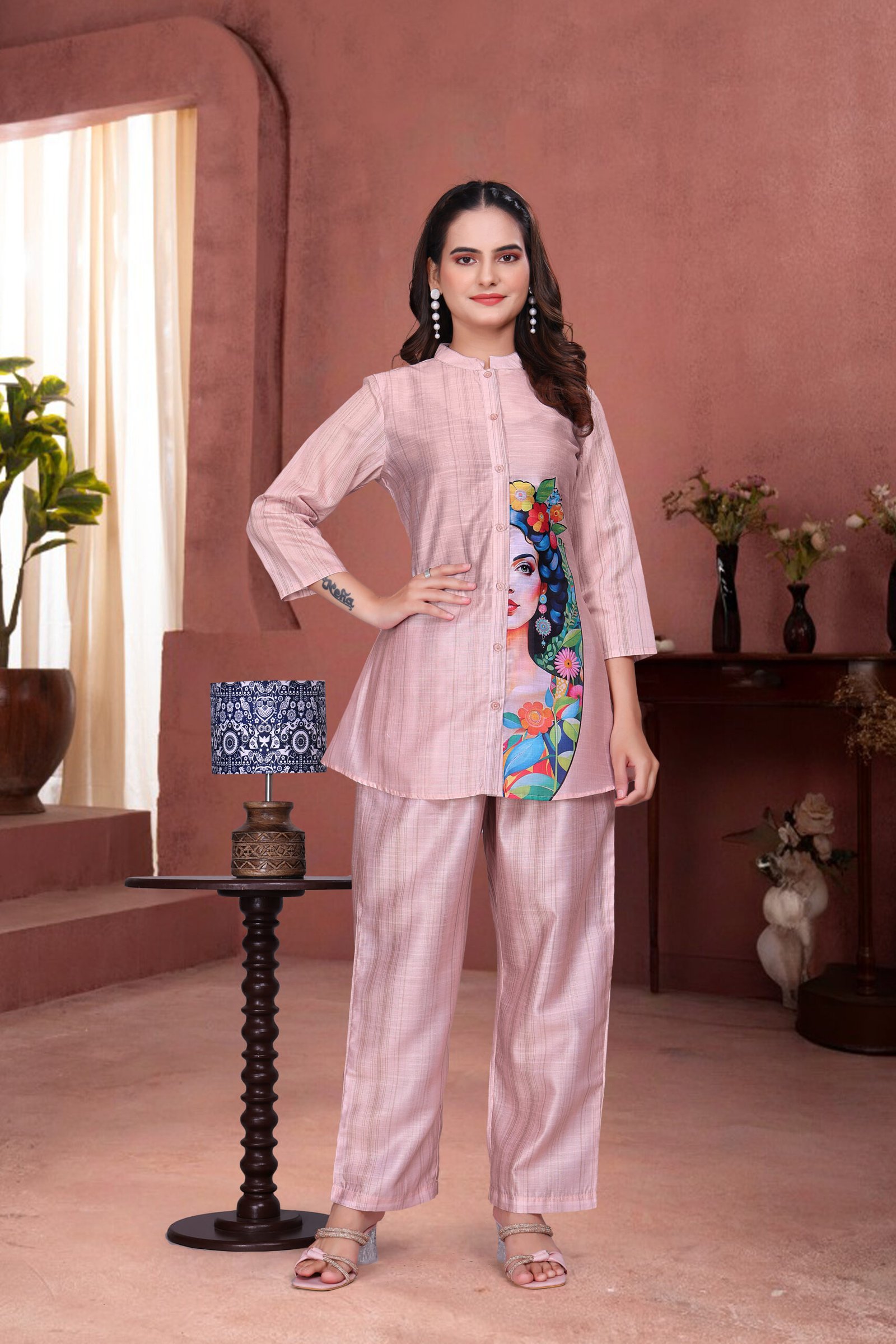 Pink Pearl Blue Premium Digital Printed Co-ord Set By Krazy Thread