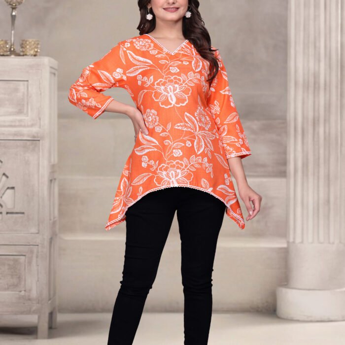 Orange Eva Elegant Cotton Blend Mill Print Kurti with Shiffli Lace Work