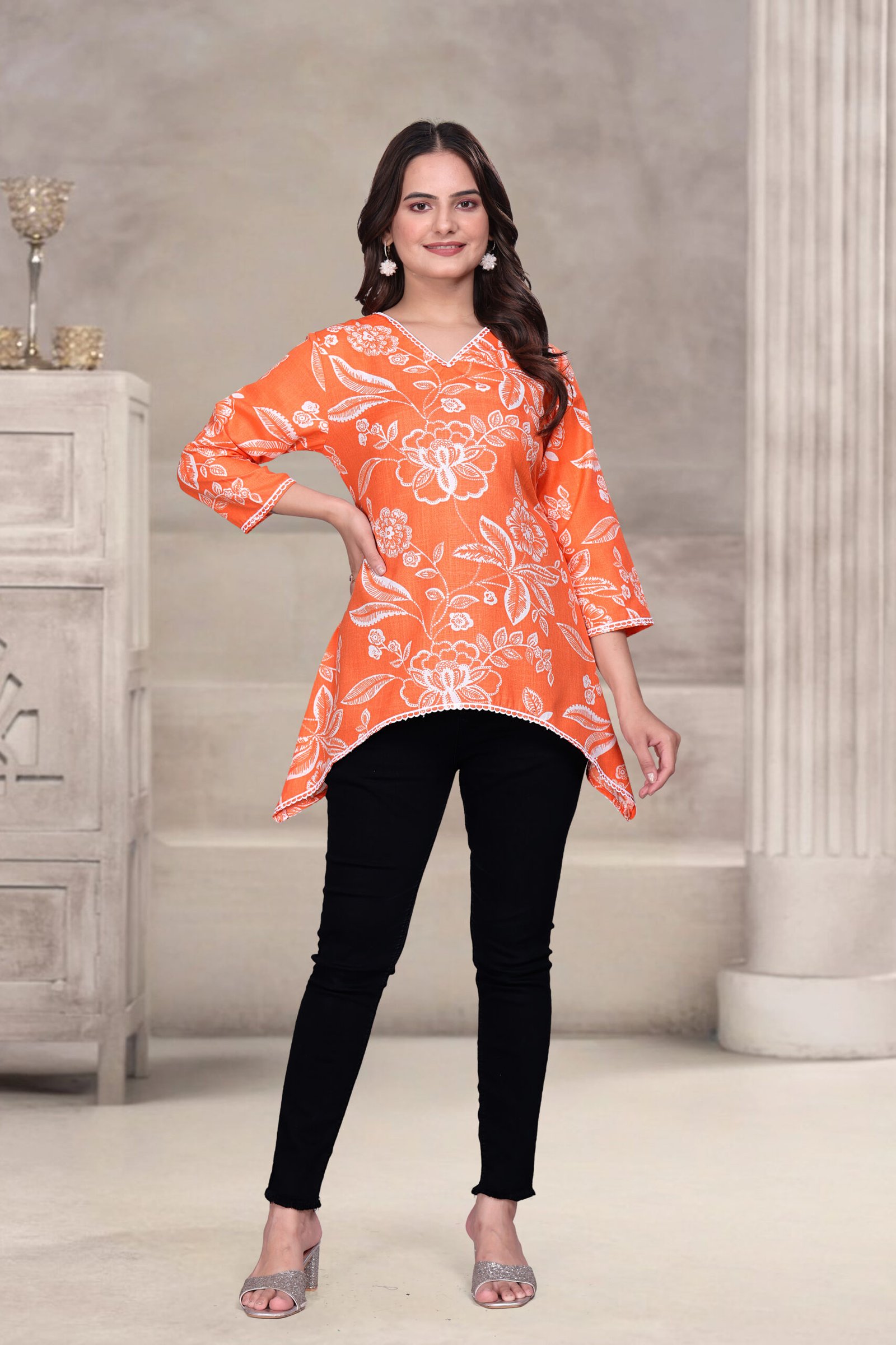 Orange Eva Elegant Cotton Blend Mill Print Kurti with Shiffli Lace Work