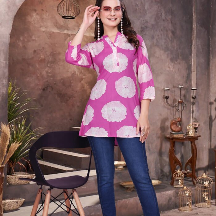 Pink Elegant Rayon Top with Schiffli Lace Detailing