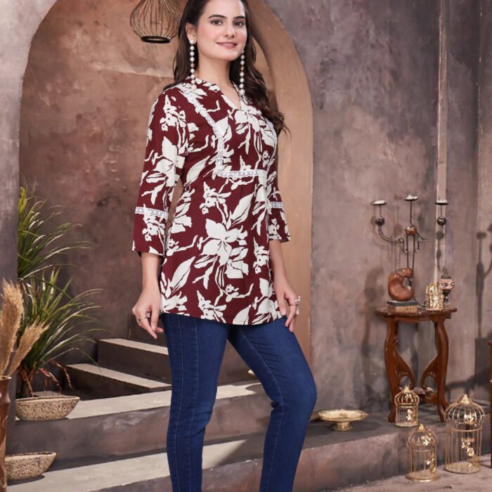 Maroon Elegant Rayon Top with Schiffli Lace Detailing