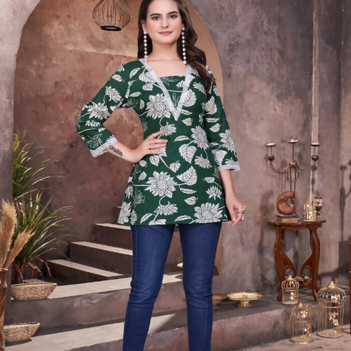 Green Elegant Rayon Top with Schiffli Lace Detailing