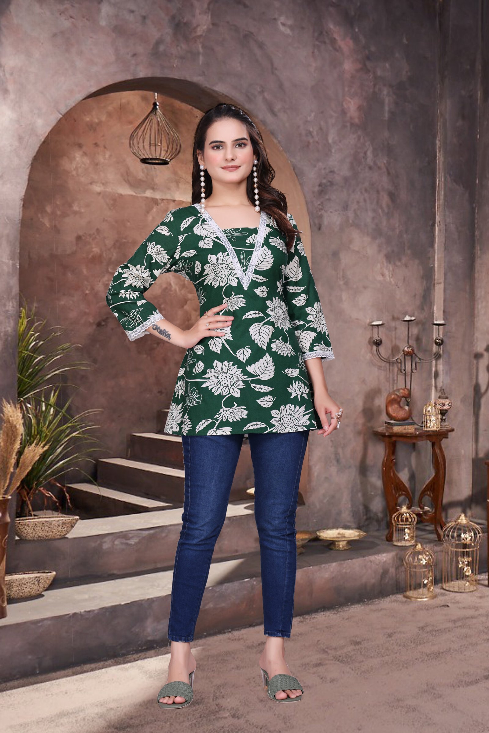 Green Elegant Rayon Top with Schiffli Lace Detailing