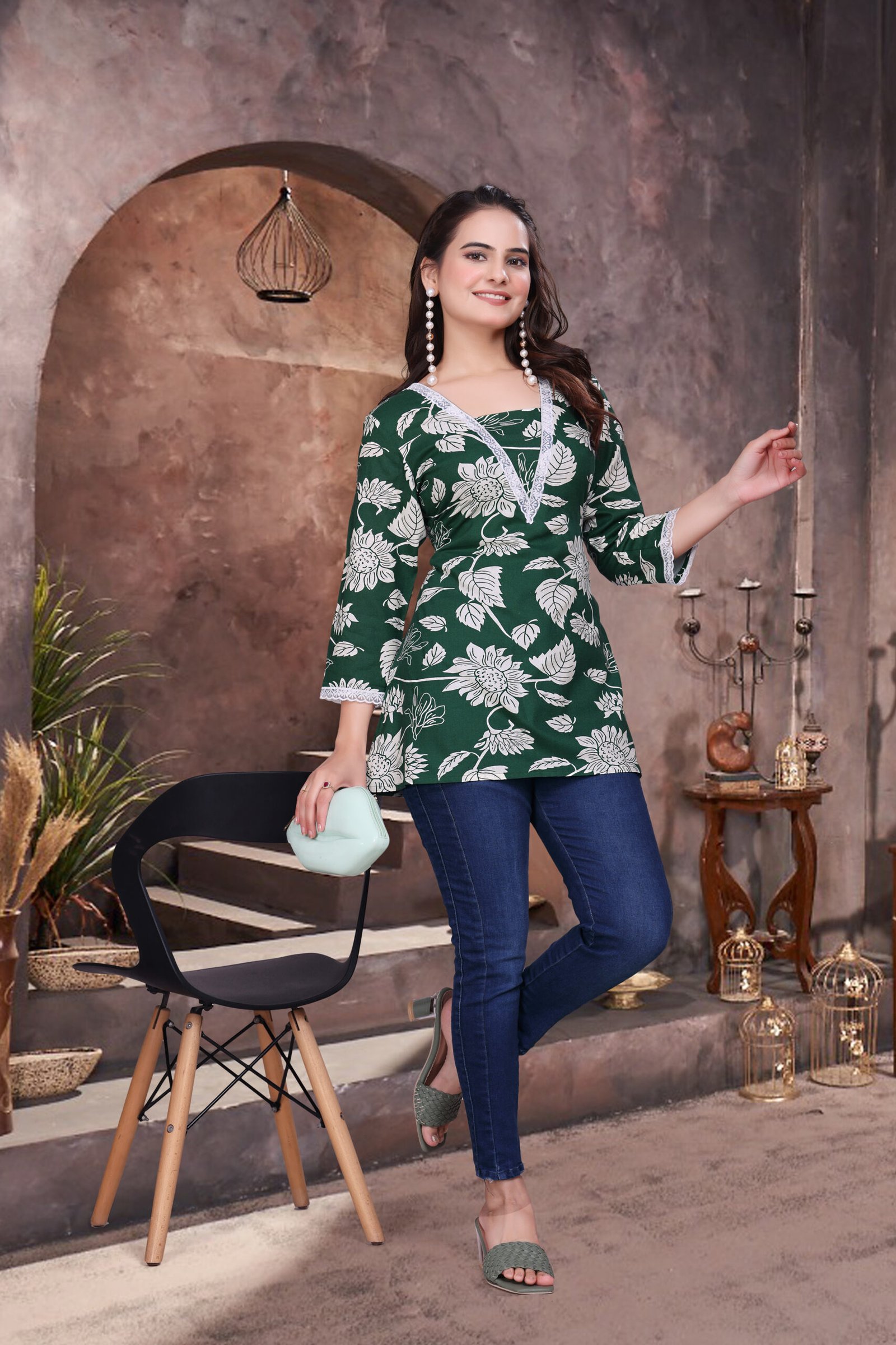 Green Elegant Rayon Top with Schiffli Lace Detailing - Image 3