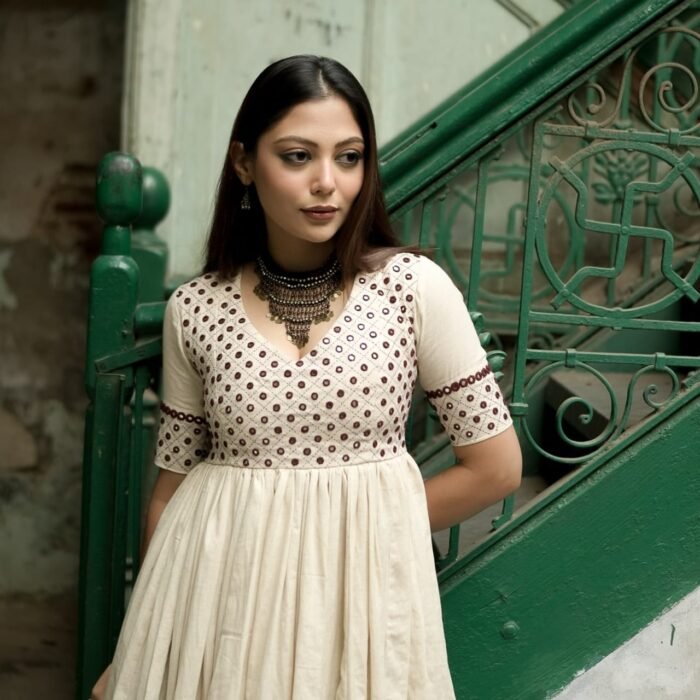 Warm White Festival Special Mirror Work Cotton Anarkali Suit Set