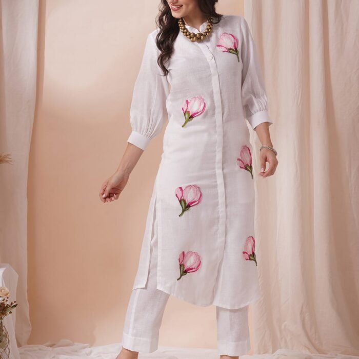 Elegant White Floral Shervani Style Kurta Pant Suit Set