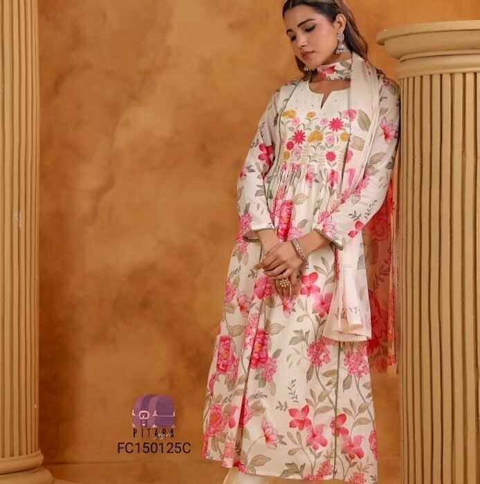 Summer Bloom Embroidered Cotton Anarkali Kurta Set