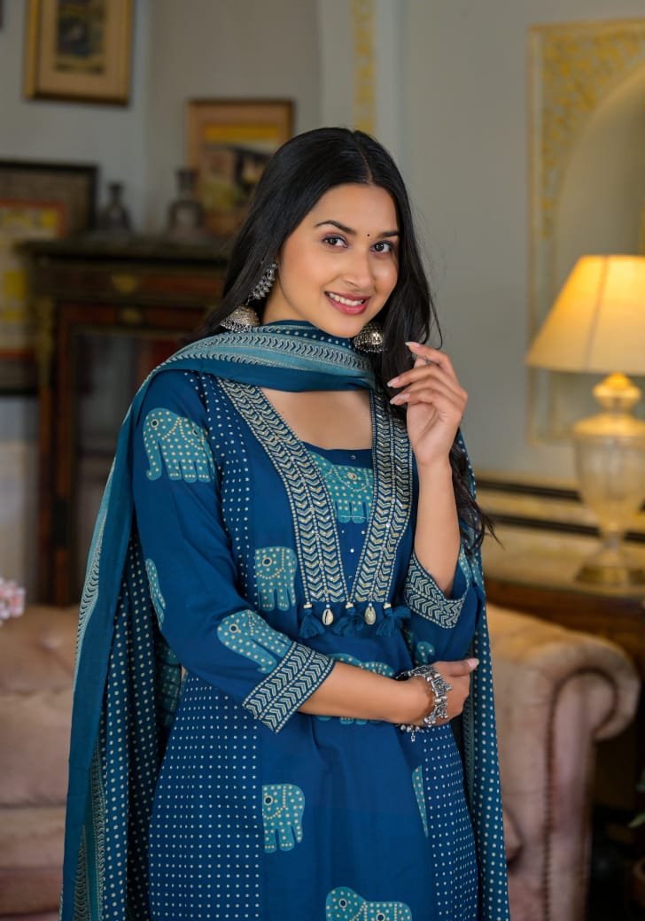 Elegant Heavy Cotton Kurti Pant Set with Sequence Work Dupatta - Image 5