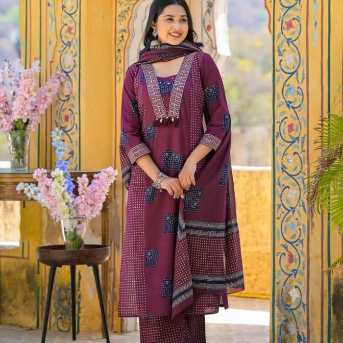 Elegant Heavy Cotton Kurti Pant Set with Sequence Work Dupatta