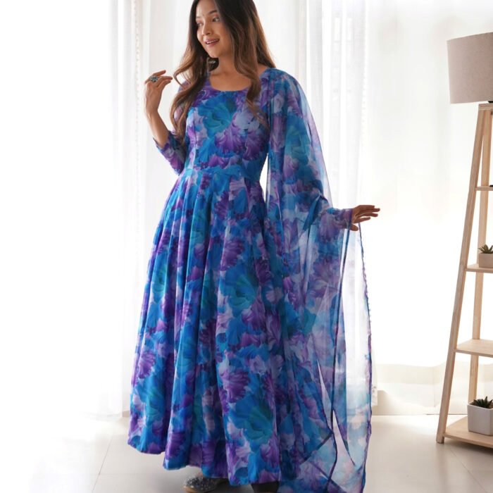  "Purple Daisy" - Vibrant Printed Georgette Anarkali Gown with Dupatta