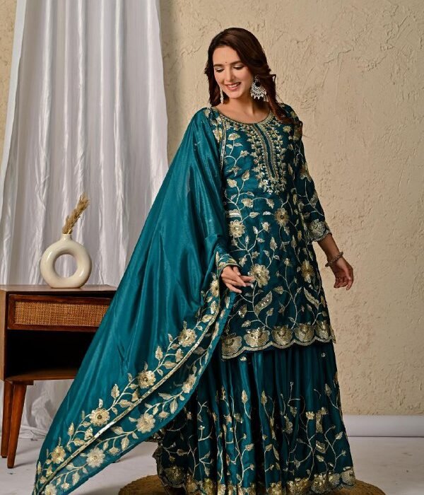 Designer Heavy Chinnon Silk Party Wear Top & Lehenga Set with Dupatta – Sequins Embroidery Work