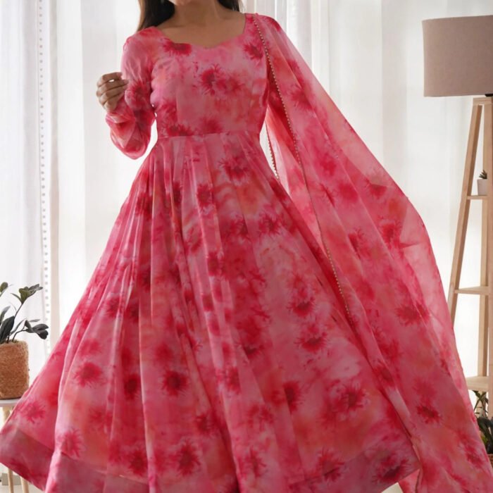 "Pink Coopar" - Charming Printed Georgette Anarkali Gown