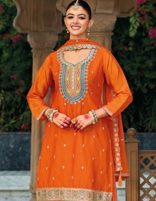 Premium Chinon Silk Palazzo Suit with Sequin & Jari Embroidery