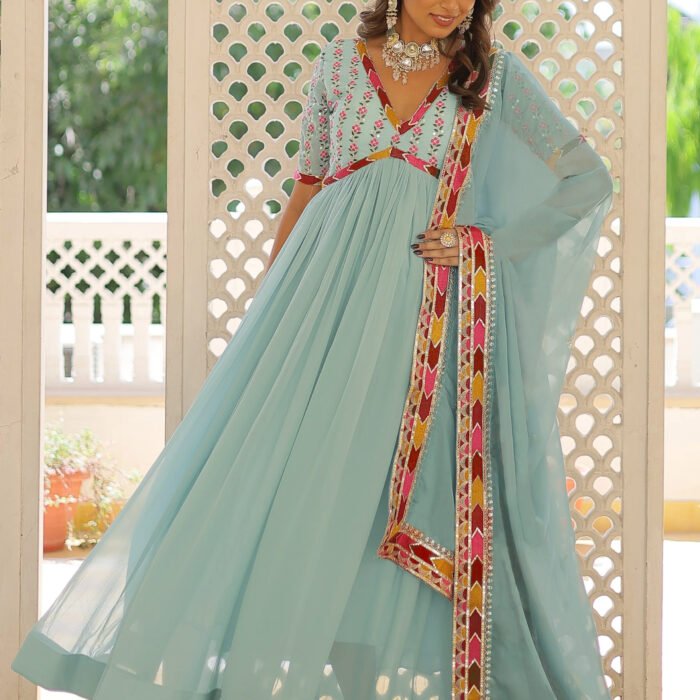 "Hiramandi" - Sparkling Sky Blue Embroidered Georgette Anarkali Gown
